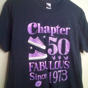 "50" Shirt Small "Chapter 50 Fabulous Since 1973" Black Purple